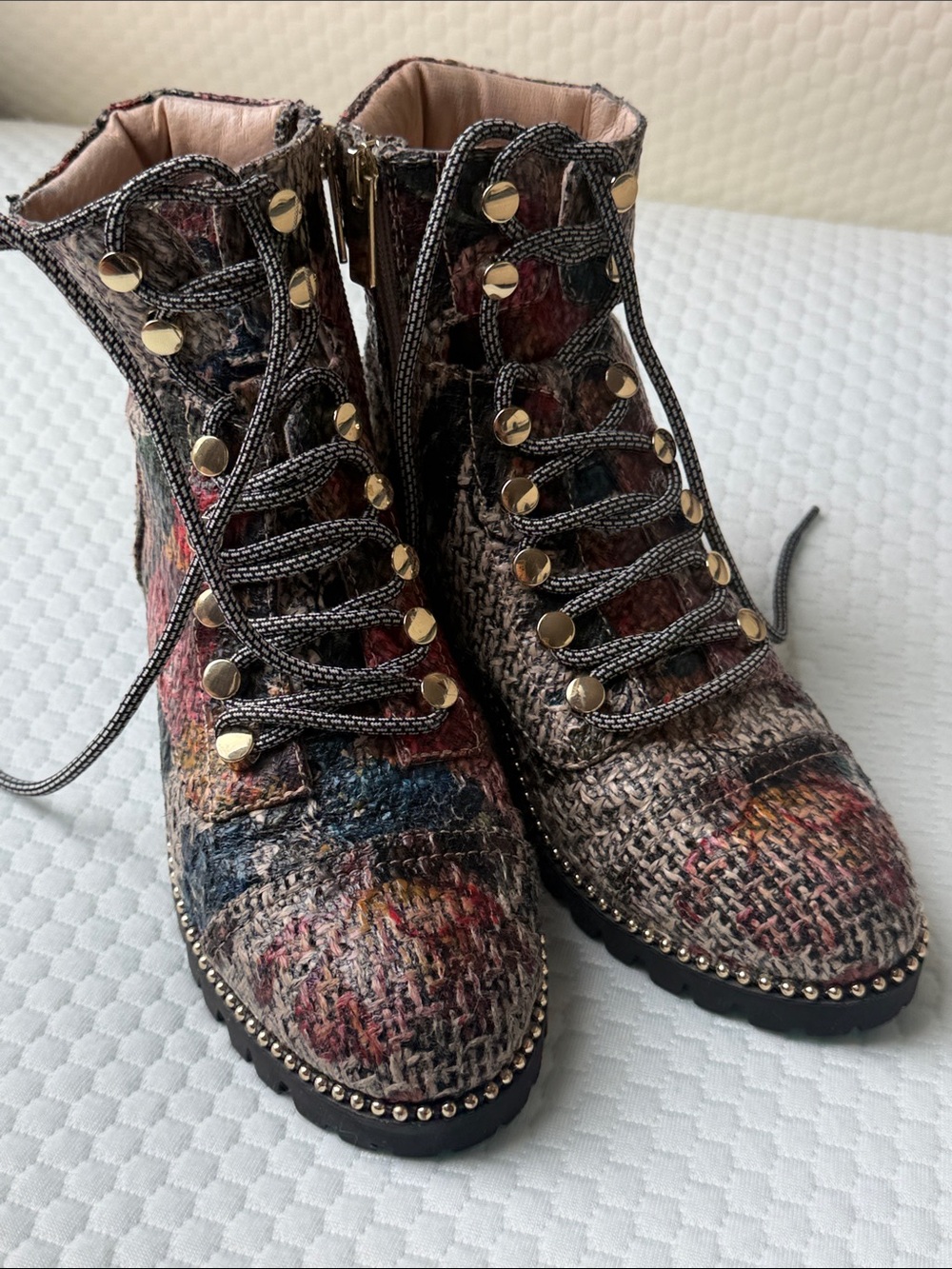 CECELIA NEW YORK Multi-Color Tweed Lace-Up Ankle Boots with Gold Studs